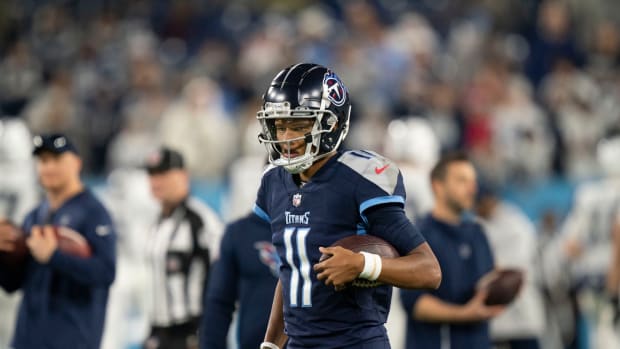 Tennessee Titans quarterback Joshua Dobbs (11) warms up before the game against the Dallas Cowboys at Nissan Stadium Thursday, Dec. 29, 2022, in Nashville, Tenn.